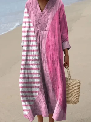 damen-midi-kleid-v-ausschnitt-lange-arme-rosa-1-1