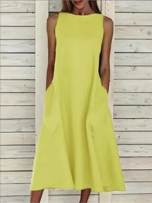 damen-midikleid-armellos-taschen-lassig-gelb-4-1