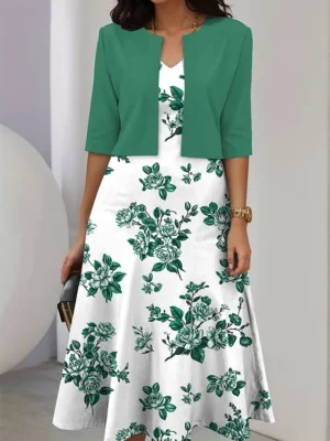 damen-zwei-teiler-kleid-sets-midi-kleid-grun-3-1