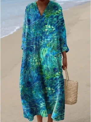 womens-midi-kleid-v-ausschnitt-lange-arm-blau-1-1