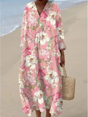 womens-midi-kleid-v-ausschnitt-lange-arm-rosa-4-1